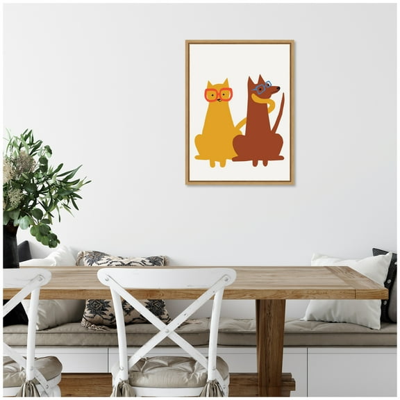 Kate and Laurel Farm Cat Dog Framed Canvas Wall Art  by Hannah Beisang 18 x 24 Sylvie Natural, Whimsical, Animals Art for Wall Decor, Living Room, Bedroom