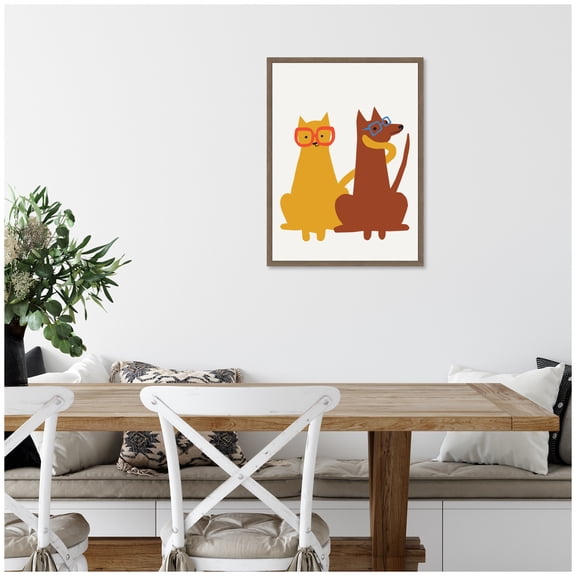 Kate and Laurel Farm Cat Dog Framed Canvas Wall Art by Hannah Beisang 18 x 24 Sylvie Walnut, Whimsical, Animals Art for Wall Decor, Living Room, Bedroom