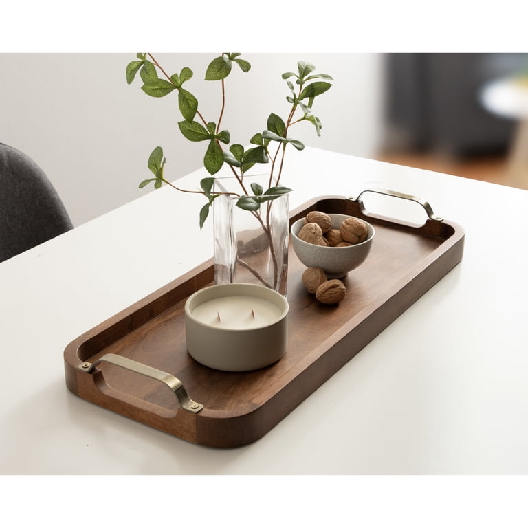 Rustic Wood Serving Tray With Metal Corners - Large 12x16 Inch Ottoman Tray, Coffee Table Decor, Farmhouse Style