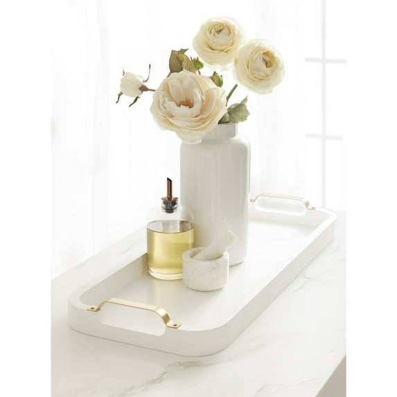 Kate and Laurel Farson Modern Decorative Wood Rectangle Tray with Handles, 10 x 24, White and Gold, Transitional Rectangular Tray for Use as Entryway Tray Decor or Ottoman Serving Tray