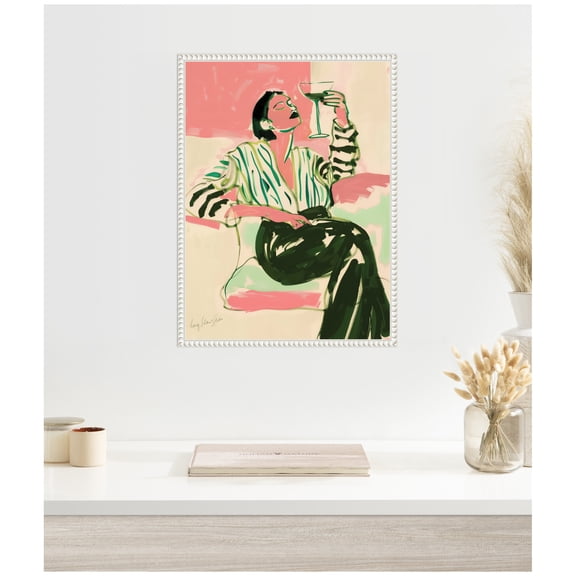 Kate and Laurel Fashion Woman Drinking Martini Framed Canvas Wall Art by Honey Island Studio 18 x 24 Sylvie Beaded White, Modern, People, Entertainment Art for Wall Decor, Living Room, Bedroom