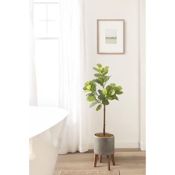 Kate and Laurel Fidmont Faux Fiddle Fig Tree with Gavri Metal Planter Pot, 4 FT, Silver and Rustic Brown, Potted Artificial Tree Indoor with Realistic Foliage and Added Moss, Living Room Fake Plant