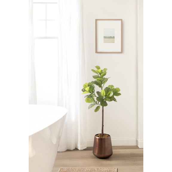 Kate and Laurel Fidmont Faux Fiddle Fig Tree with Portell Metal Planter Pot, 4 FT, Antique Bronze, Potted Artificial Tree Indoor with Realistic Foliage and Added Moss, Fake Plant for Living Room