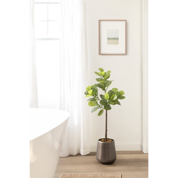 Kate and Laurel Fidmont Faux Fiddle Fig Tree with Portell Metal Planter Pot, 4 FT, Gunmetal, Potted Artificial Tree Indoor with Realistic Foliage and Added Moss, Fake Plant for Living Room Decor