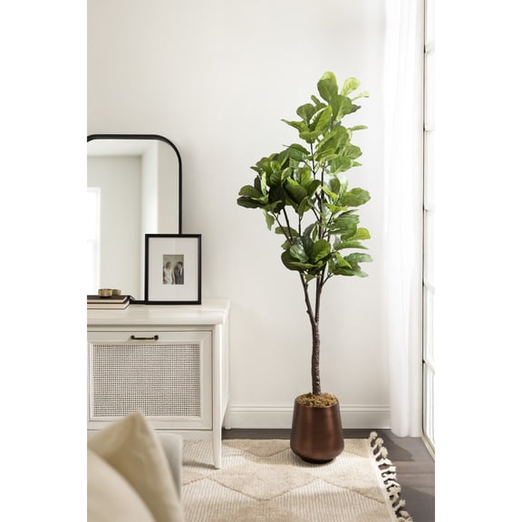 Kate and Laurel Fidmont Faux Fiddle Fig Tree with Portell Metal Planter Pot, 6 FT, Antique Bronze, Potted Artificial Fiddle Leaf Tree with Realistic Foliage and Added Moss, Fake Plant for Living Room