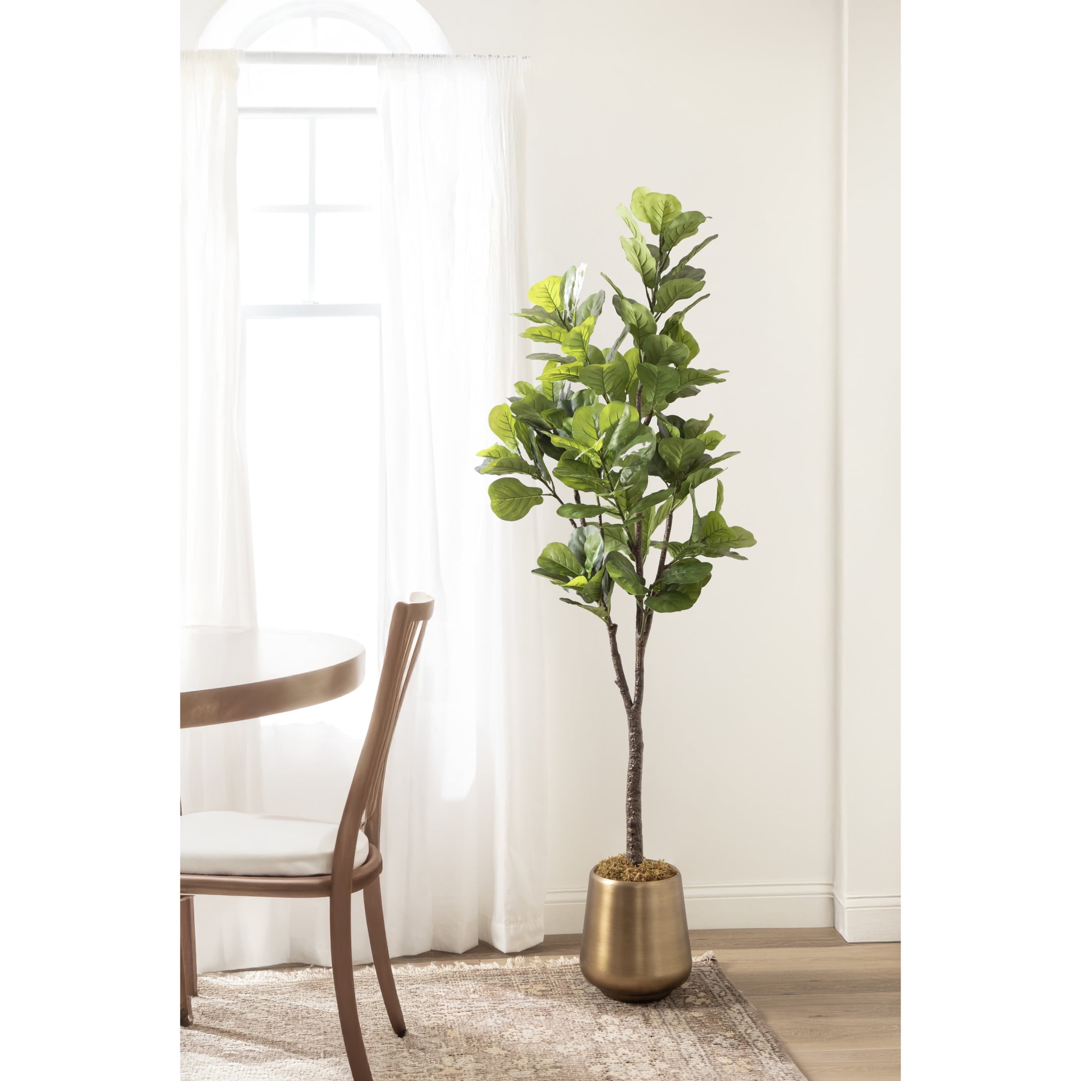 Kate and Laurel Fidmont Faux Fiddle Fig Tree with Portell Metal Planter Pot, 6 FT, Gold, Potted Artificial Tree Indoor with Realistic Foliage and Added Moss, Fake Plant for Living Room Decor