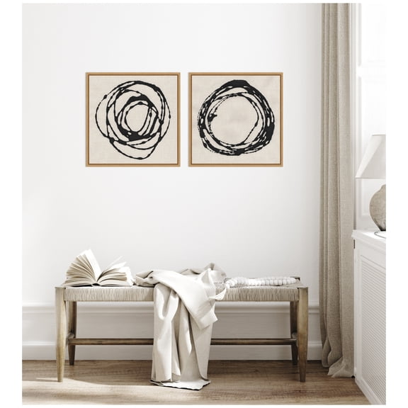 Kate and Laurel Flowing Circle Abstracts - 2 Piece Framed Canvas Wall Art Set  by The Creative Bunch Studio, Sylvie Natural Modern Contemporary, Abstract Art for Wall Decor