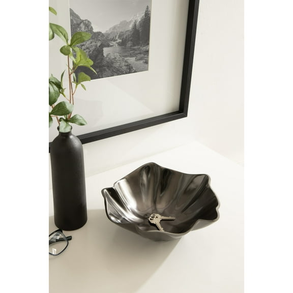 Kate and Laurel Flutte Scalloped Decorative Metal Serving Bowl, 10 x 10 x 3, Black Nickel, Modern Wavy Fruit Bowl for Kitchen Counter or Use as Tabletop Storage for an Entryway Table