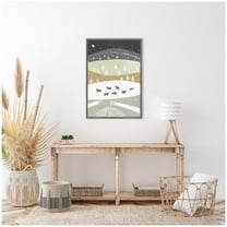 Kate and Laurel Folk Dales Snow Linocut Framed Canvas Wall Art  by Guilana Lazzerini 23 x 33 Sylvie Greywash, Whimsical, Landscapes, Animals Art for Wall Decor, Living Room Bedroom