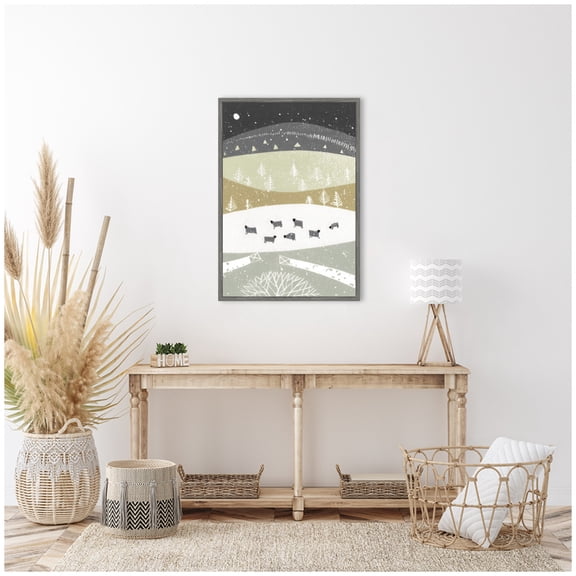 Kate and Laurel Folk Dales Snow Linocut Framed Canvas Wall Art  by Guilana Lazzerini 23 x 33 Sylvie Greywash, Whimsical, Landscapes, Animals Art for Wall Decor, Living Room Bedroom