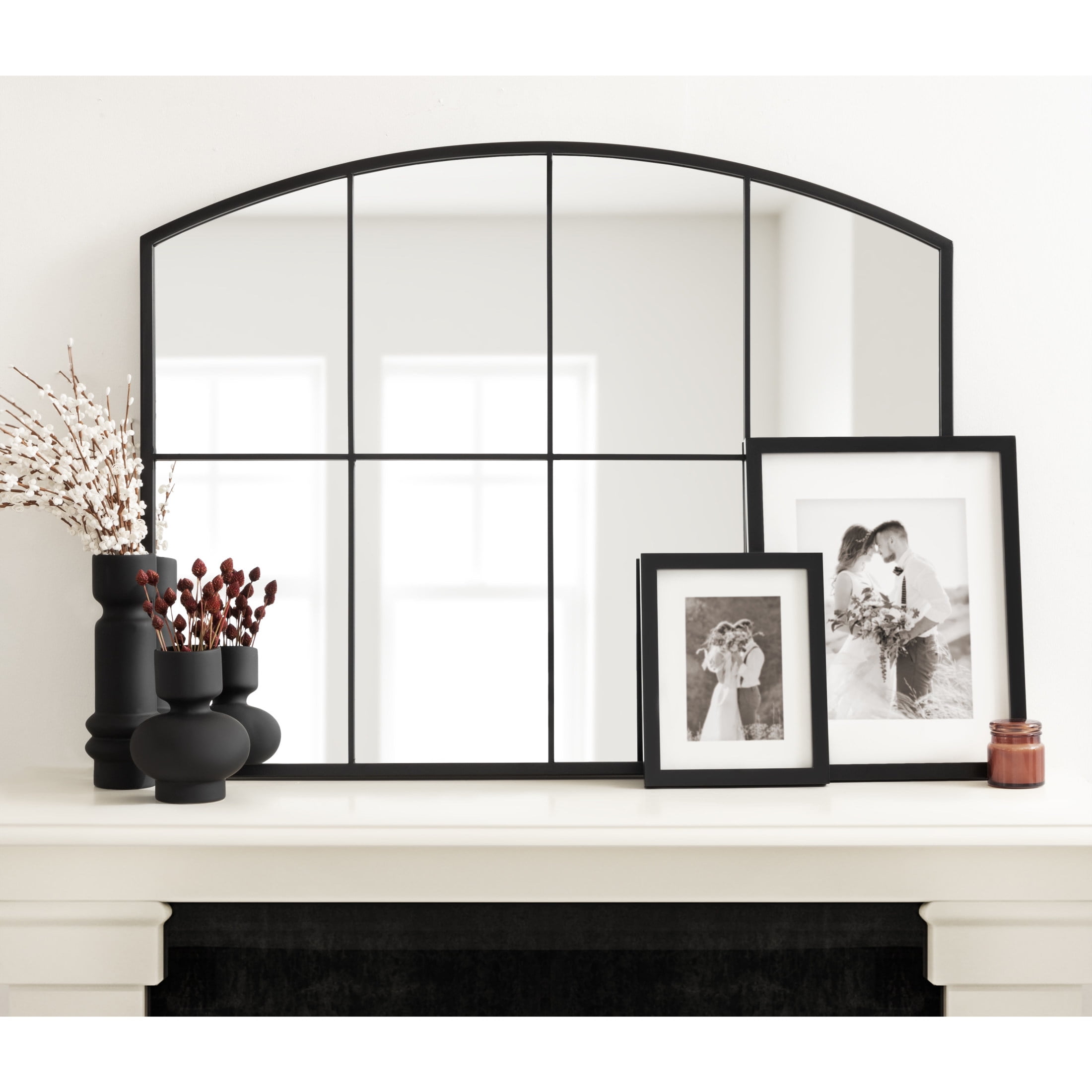 Kate and Laurel Forsyth Large Arched Windowpane Wall Mirror, Black