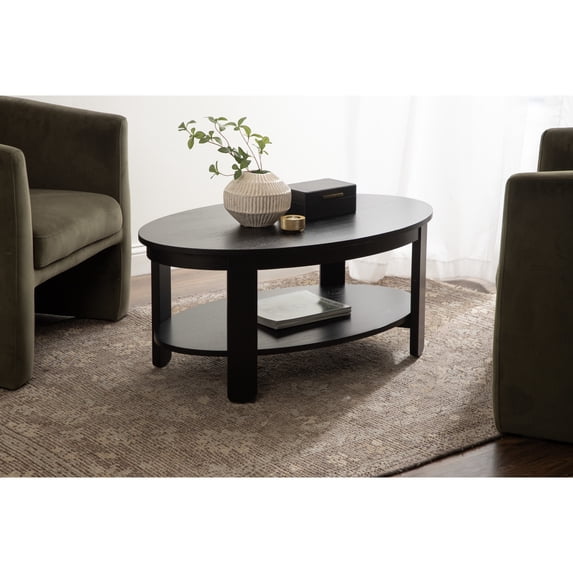 Kate and Laurel Foxford Modern Tiered Oval Coffee Table, 38 x 24 x 18, Black, Transitional Two-Tier Living Room Table with Storage and Resilient Wood Construction