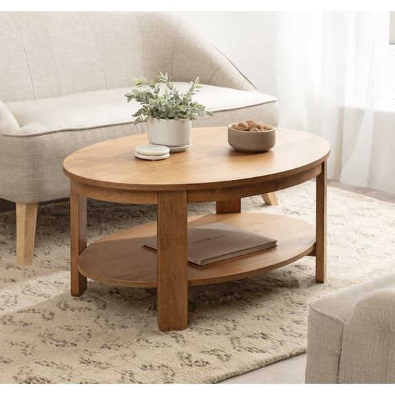 Kate and Laurel Foxford Modern Tiered Oval Coffee Table, 38 x 24 x 18, Natural Brown, Transitional Two-Tier Living Room Table with Storage and Resilient Wood Construction