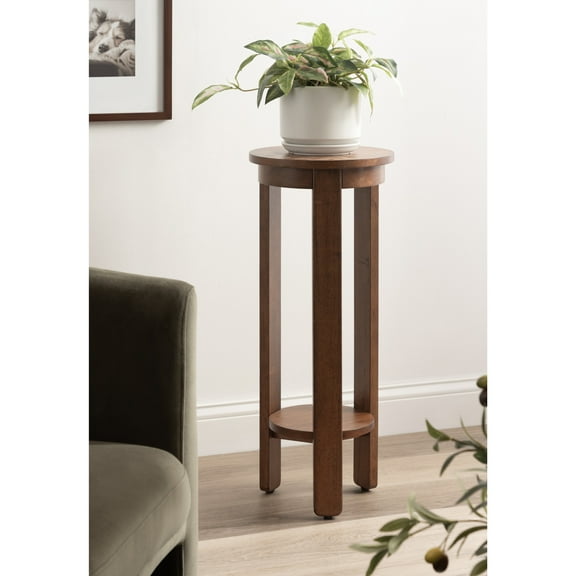 Kate and Laurel Foxford Modern Tiered Round Drink Table, 12 x 12 x 30, Walnut Brown, Transitional Two-Tier Circle Plant Stand for Use as Living Room Pedestal Table or Small Bedroom Nightstand