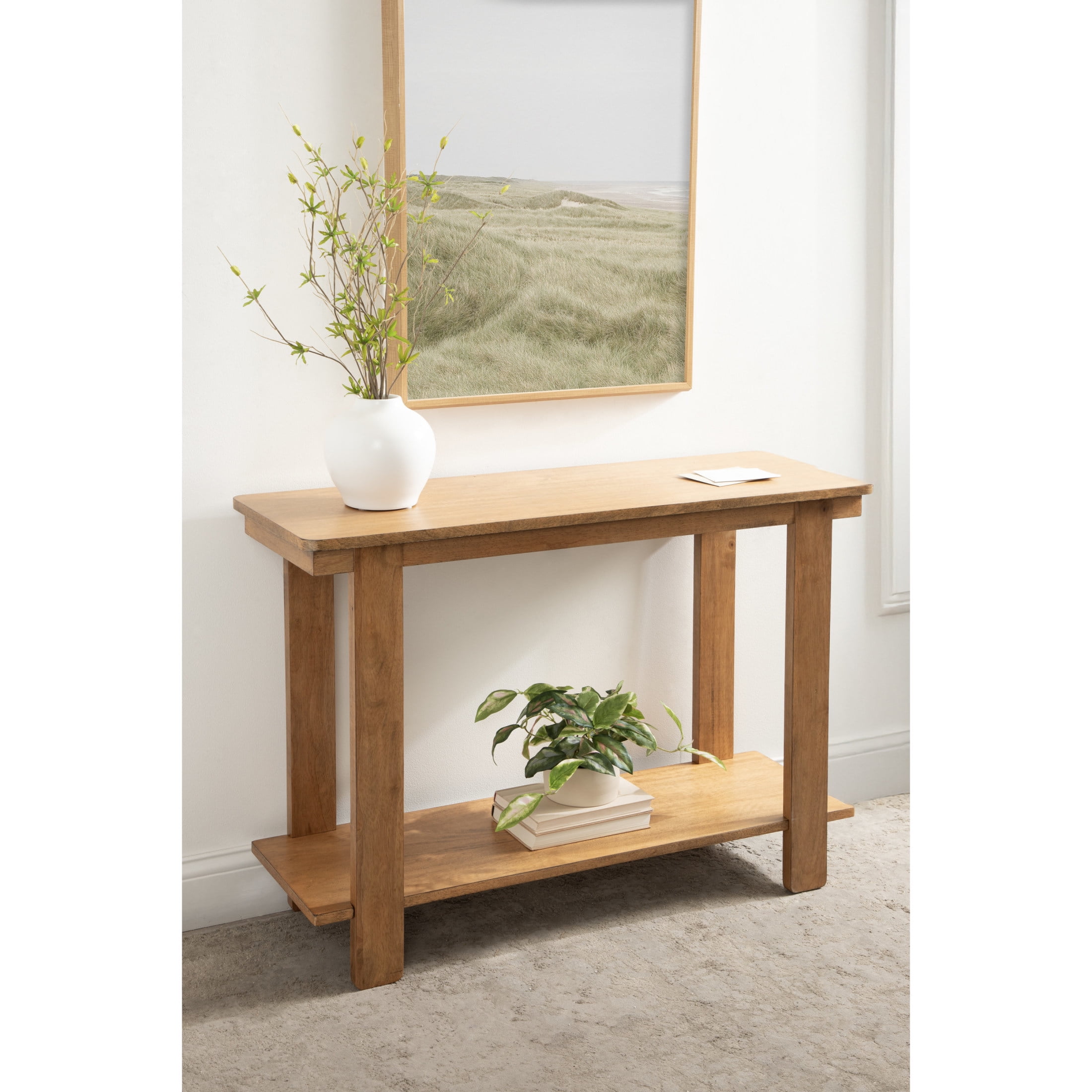Natural Brown Solid Wood Console Table with Storage Shelf