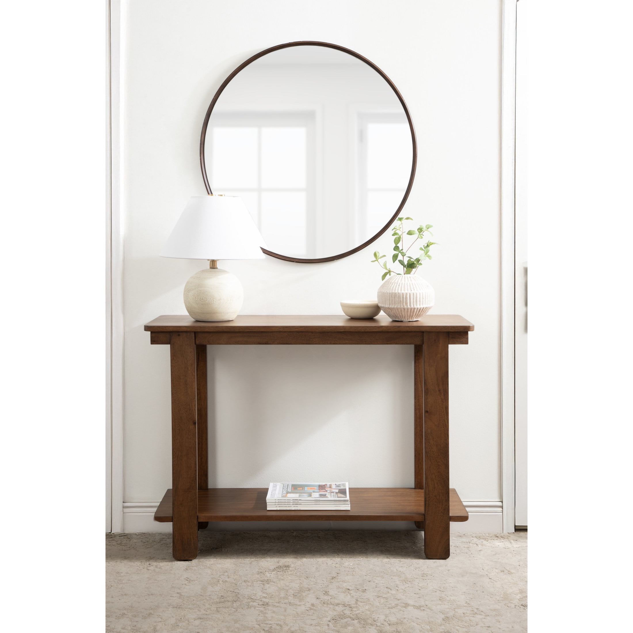 Kate and Laurel Foxford Tiered Rectangle Console Table, 42 x 14 x 30, Walnut Brown, Transitional Two-Tier Wood Entryway Table with Storage for Use as Living Room Behind Couch Table