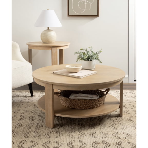Kate and Laurel Foxford Tiered Round Coffee Table, 34 x 34 x 17, Light Natural, Transitional Two-Tier Circle Living Room Table with Storage and Resilient Wood Construction