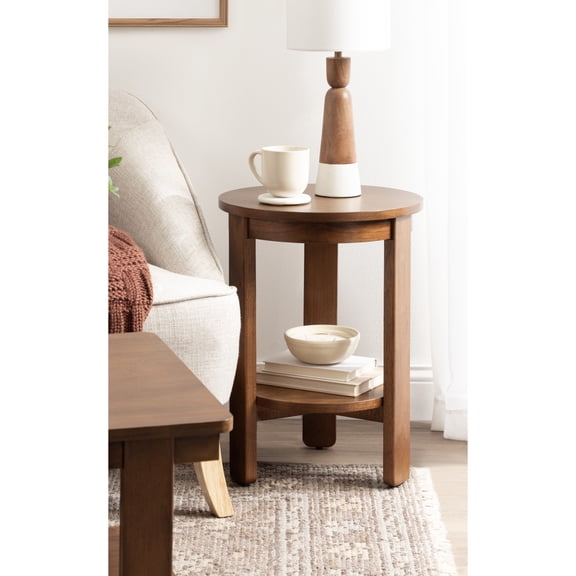 Kate and Laurel Foxford Tiered Round Side Table, 16 x 16 x 23, Walnut Brown, Transitional Two-Tier Circle Nightstand Table with Storage and Resilient Wood Construction for Bedroom Decor