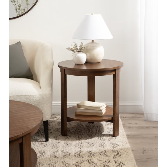 Kate and Laurel Foxford Tiered Round Side Table, 22 x 22 x 24, Walnut Brown, Transitional Two-Tier Circle Nightstand Table with Storage and Resilient Wood Construction for Bedroom Decor