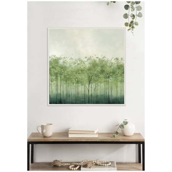 Kate and Laurel Framed Canvas Wall Art Print Abstract Green Trees by The Creative Bunch Studio, 30 x 30 Sylvie Beaded White Frame, Modern Contemporary, Abstract Art for Wall Decor