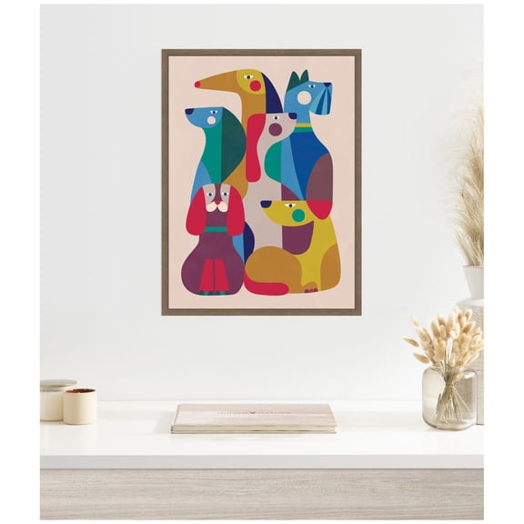 Kate and Laurel Framed Canvas Wall Art Print Abstract Retro Modern Dogs 02 by Rachel Lee, 18 x 24 Sylvie Walnut Frame, Modern Contemporary, Abstract Art for Wall Decor