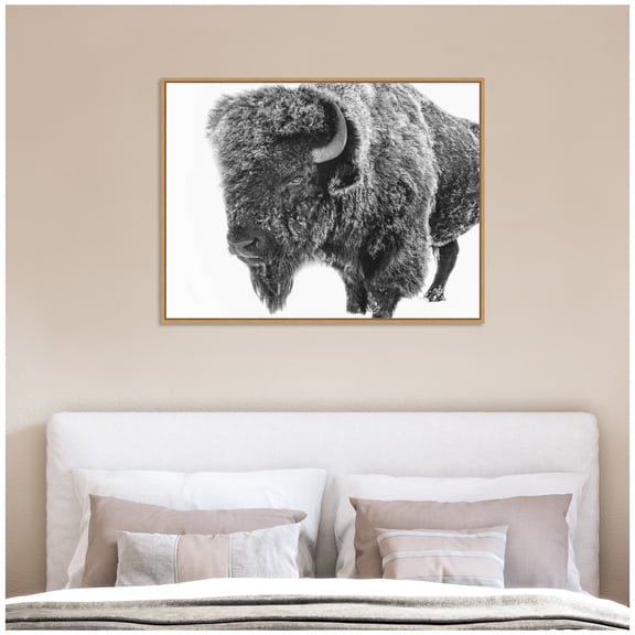 Kate and Laurel Framed Canvas Wall Art Print Bison in Snow Black and White by Amy Peterson, 42 x 32 Sylvie Natural Frame, Rustic Farmhouse, Animal Art for Wall Decor