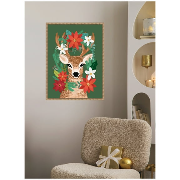 Kate and Laurel Framed Canvas Wall Art Print 'Christmas Deer' by Mia Charro, 18 x 24 Sylvie Beaded Rustic Natural Frame, Whimsical, Animal Art for Wall Decor