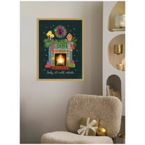Kate and Laurel Framed Canvas Wall Art Print 'Christmas Fireplace' by Shannon Snow, 18 x 24 Sylvie Bright Gold Frame, Whimsical, Holiday Art for Wall Decor