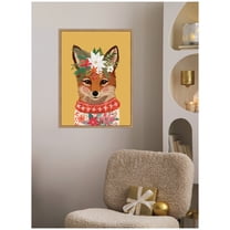 Kate and Laurel Framed Canvas Wall Art Print 'Christmas Fox' by Mia Charro, 18 x 24 Sylvie Beaded Rustic Natural Frame, Whimsical, Animal Art for Wall Decor