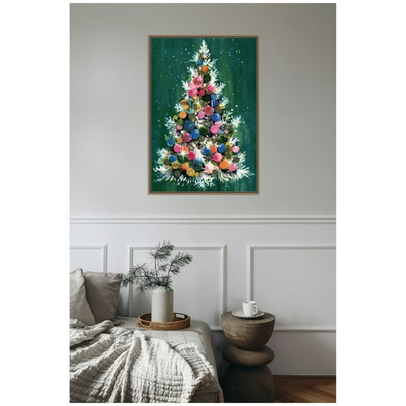 Kate and Laurel Framed Canvas Wall Art Print 'Christmas Tree' by Corinna Buchholz of Piddix, 23 x 33 Sylvie Beaded Dark Gold Frame, Whimsical, Holiday Art for Wall Decor