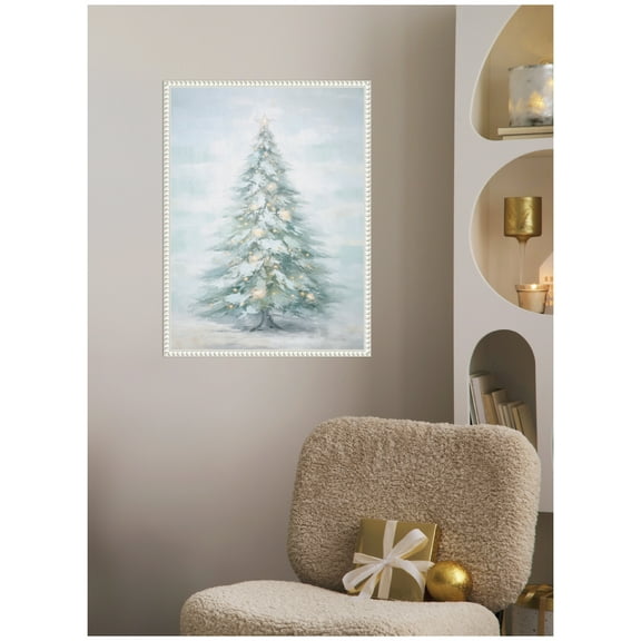 Kate and Laurel Framed Canvas Wall Art Print 'Coastal Pastel Tree' by The Creative Bunch Studio, 18 x 24 Sylvie Beaded White Frame, Coastal, Holiday Art for Wall Decor