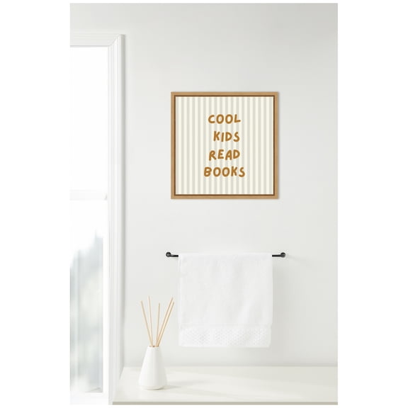 Kate and Laurel Framed Canvas Wall Art Print Cool Kids Read Books Stripes Square by Laura Moss, 16 x 16 Sylvie Natural Frame, Whimsical, Typography Art for Wall Decor