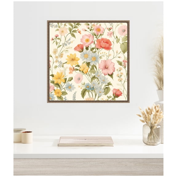 Kate and Laurel Framed Canvas Wall Art Print Cottage Core Vintage Summer Floral Pattern by The Creative Bunch Studio, 22 x 22 Sylvie Beaded Dark Gold Frame, Vintage, Flower Art for Wall Decor