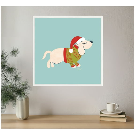 Kate and Laurel Framed Canvas Wall Art Print 'Cute Christmas Beagle' by Carrie Cantwell, 22 x 22 Sylvie White Frame, Whimsical, Animal Art for Wall Decor