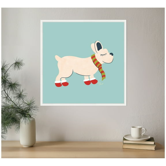 Kate and Laurel Framed Canvas Wall Art Print 'Cute Christmas Frenchie' by Carrie Cantwell, 22 x 22 Sylvie White Frame, Whimsical, Animal Art for Wall Decor