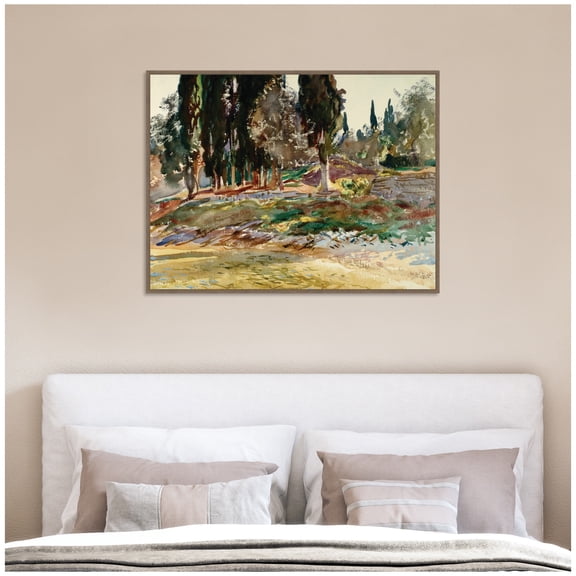 Kate and Laurel Framed Canvas Wall Art Print Cypress Trees at San Vigilio Lake Garda John Singer Sargent by Nostalgia Prints, 42 x 32 Sylvie Walnut Frame, Traditional, Landscape Art for Wall Decor
