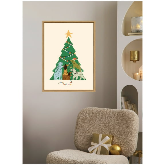 Kate and Laurel Framed Canvas Wall Art Print 'Dogmas' by Aislinn Simmonds Duchess Plum, 18 x 24 Sylvie Natural Frame, Whimsical, Holiday Art for Wall Decor