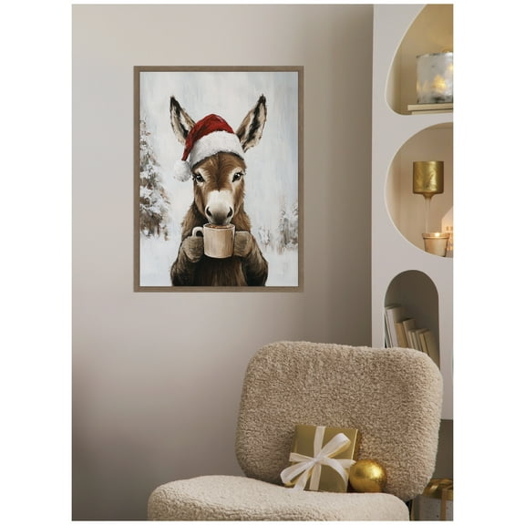 Kate and Laurel Framed Canvas Wall Art Print 'Donkey Winter Hot Cocoa' by The Creative Bunch Studio, 18 x 24 Sylvie Walnut Frame, Whimsical, Animal Art for Wall Decor