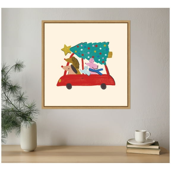 Kate and Laurel Framed Canvas Wall Art Print 'Driving Home For Christmas' by Aislinn Simmonds Duchess Plum, 22 x 22 Sylvie Natural Frame, Whimsical, Holiday Art for Wall Decor