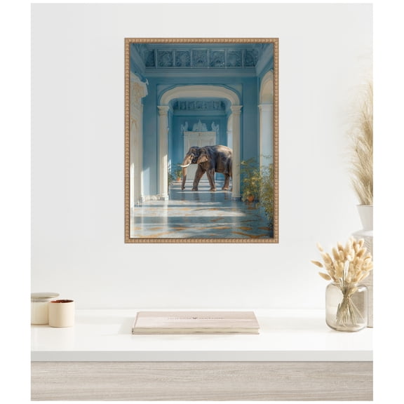 Kate and Laurel Framed Canvas Wall Art Print Elephant Strolling Through the Blue Wing by Michael Schauer, 18 x 24 Sylvie Beaded Rustic Natural Frame, Modern Contemporary, Abstract Art for Wall Decor