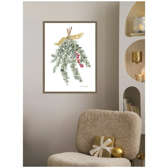 Kate and Laurel Framed Canvas Wall Art Print 'Evergreen Spray With Red Berries' by Patricia Shaw, 18 x 24 Sylvie Dark Gold Frame, Traditional, Holiday Art for Wall Decor