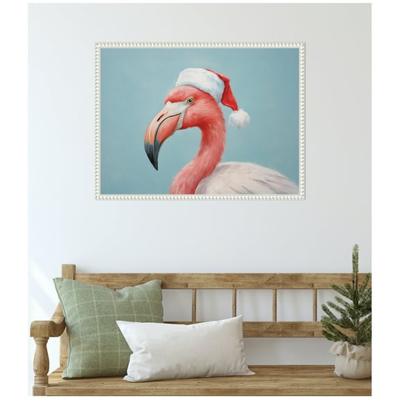 Kate and Laurel Framed Canvas Wall Art Print 'Flamingo Santa Hat Portrait' by The Creative Bunch Studio, 24 x 18 Sylvie Beaded White Frame, Whimsical, Animal Art for Wall Decor