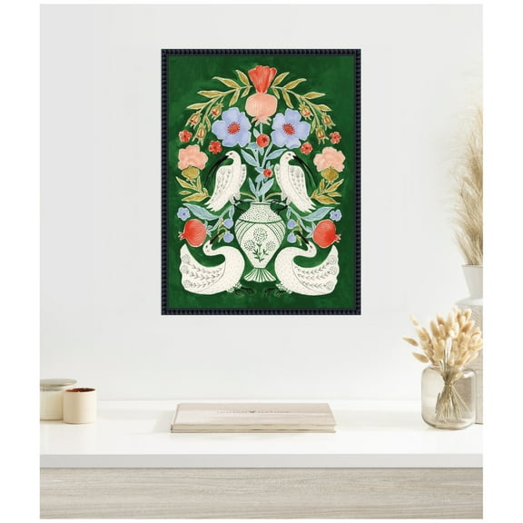 Kate and Laurel Framed Canvas Wall Art Print Floral Folklore Ibises and Swan by Jill Labieniec, 18 x 24 Sylvie Beaded Black Frame, Whimsical, Animal Art for Wall Decor