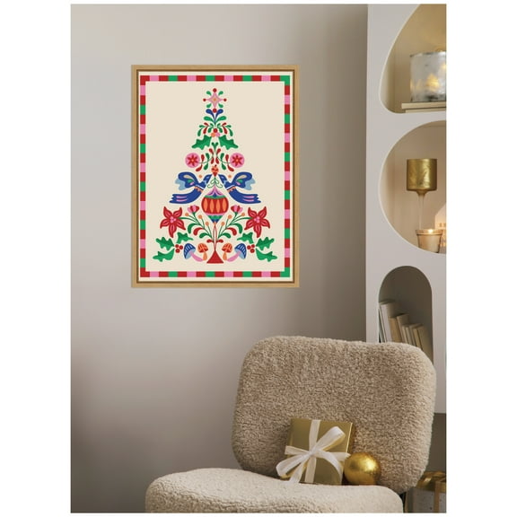 Kate and Laurel Framed Canvas Wall Art Print 'Folk Art Christmas Tree' by Rachel Lee, 18 x 24 Sylvie Natural Frame, Traditional, Holiday Art for Wall Decor