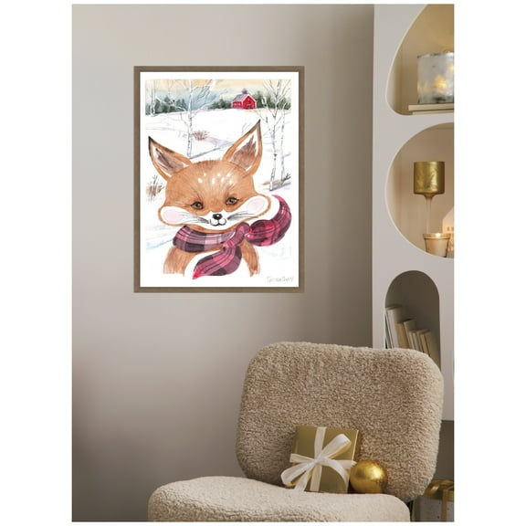 Kate and Laurel Framed Canvas Wall Art Print 'Fox With Scarf In Winter' by Patricia Shaw, 18 x 24 Sylvie Walnut Frame, Whimsical, Animal Art for Wall Decor