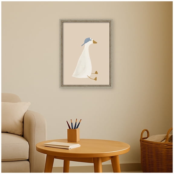 Kate and Laurel Framed  Canvas Wall Art Print Goose Blue Hat Beige by Molly Dillon from The lil Dills Shop, 20 x 26, Castellan Silver Frame, Whimsical, Kid Art for Wall Decor