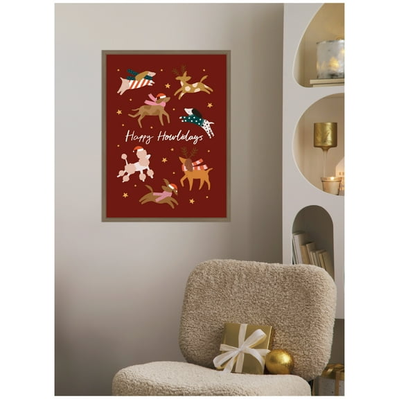 Kate and Laurel Framed Canvas Wall Art Print 'Happy Howlidays' by Aislinn Simmonds Duchess Plum, 18 x 24 Sylvie Dark Gold Frame, Whimsical, Animal Art for Wall Decor