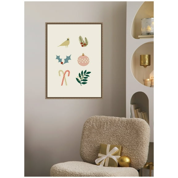 Kate and Laurel Framed Canvas Wall Art Print 'Holiday Six' by Hannah Beisang, 18 x 24 Sylvie Beaded Dark Gold Frame, Whimsical, Holiday Art for Wall Decor