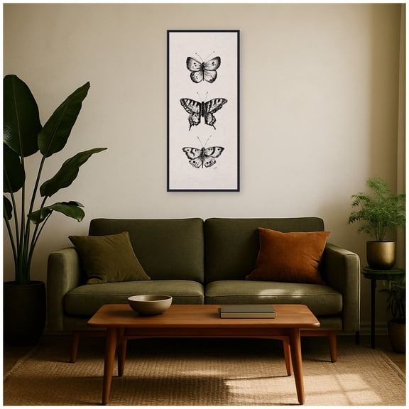 Kate and Laurel Framed Canvas Wall Art Print LV Butterfly Trio Panel by Valerie McKeehan of Lily and Val, 18 x 40 Sylvie Beaded Black Frame, Vintage, Animal Art for Wall Decor