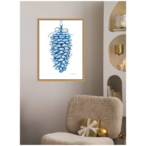 Kate and Laurel Framed Canvas Wall Art Print 'Large Blue Pine Cone' by Patricia Shaw, 18 x 24 Sylvie Natural Frame, Modern Contemporary, Abstract Art for Wall Decor